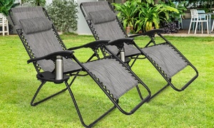 Two Zero Gravity Reclining Chair Sun Loungers with Cup Holder