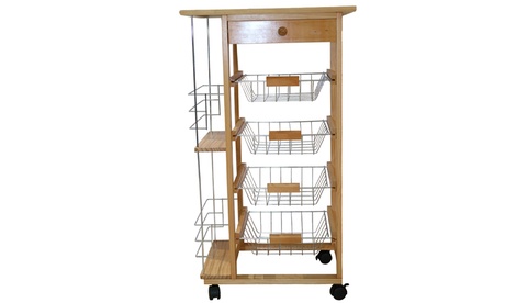 Carrello da cucina in legno con portabottiglie cassettino e 4 cestelli in acciaio