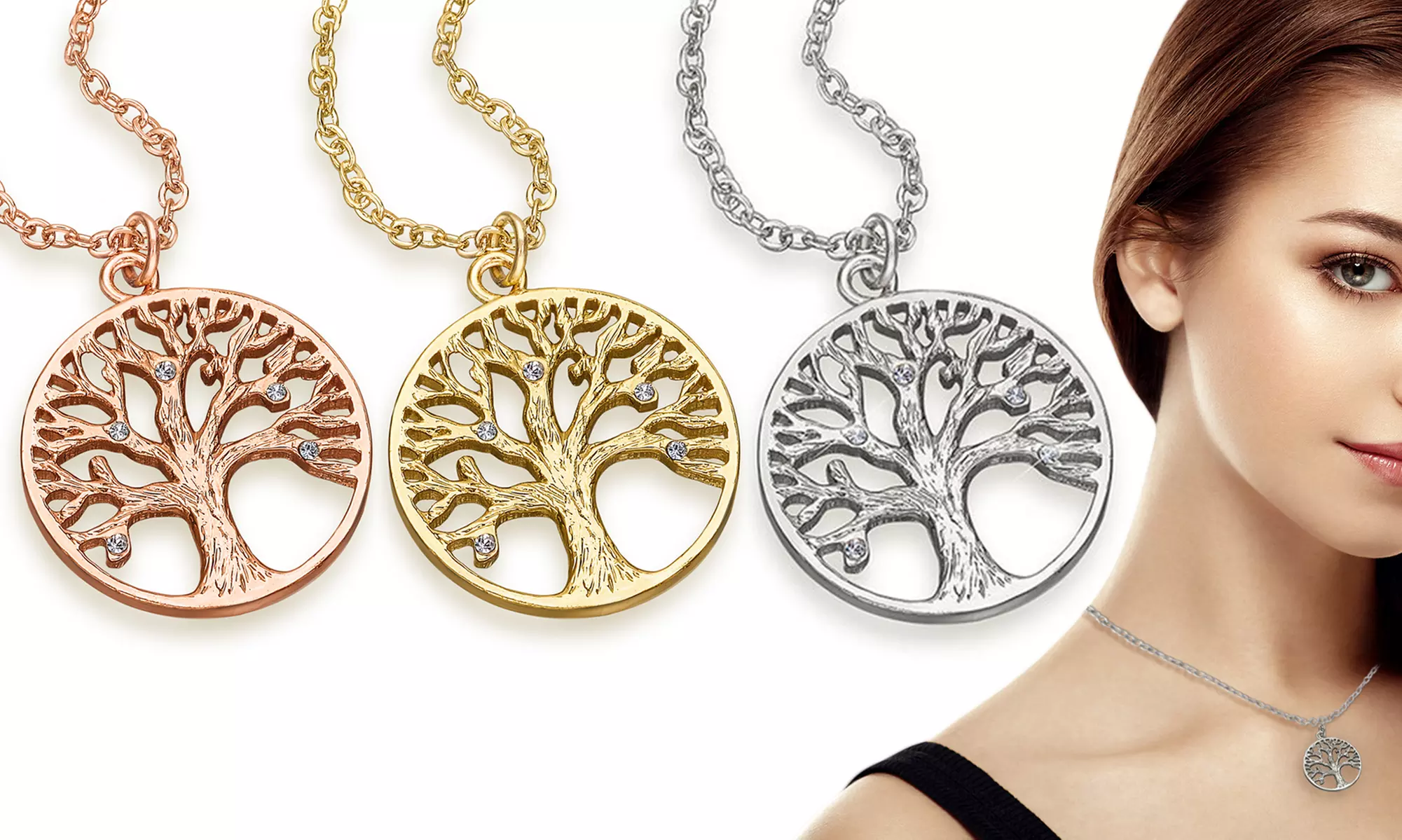 Jusqu'à 3 colliers arbre de vie The Gemseller, plaqué or 18 carats et ornés de cristaux Swarovski® - Primary Image