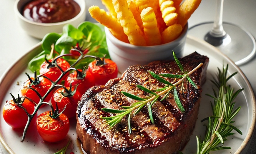 Image 1: Scenic Sips with Sizzling 8oz Sirloin, Fries, Sauce & Wine for 2 or 4