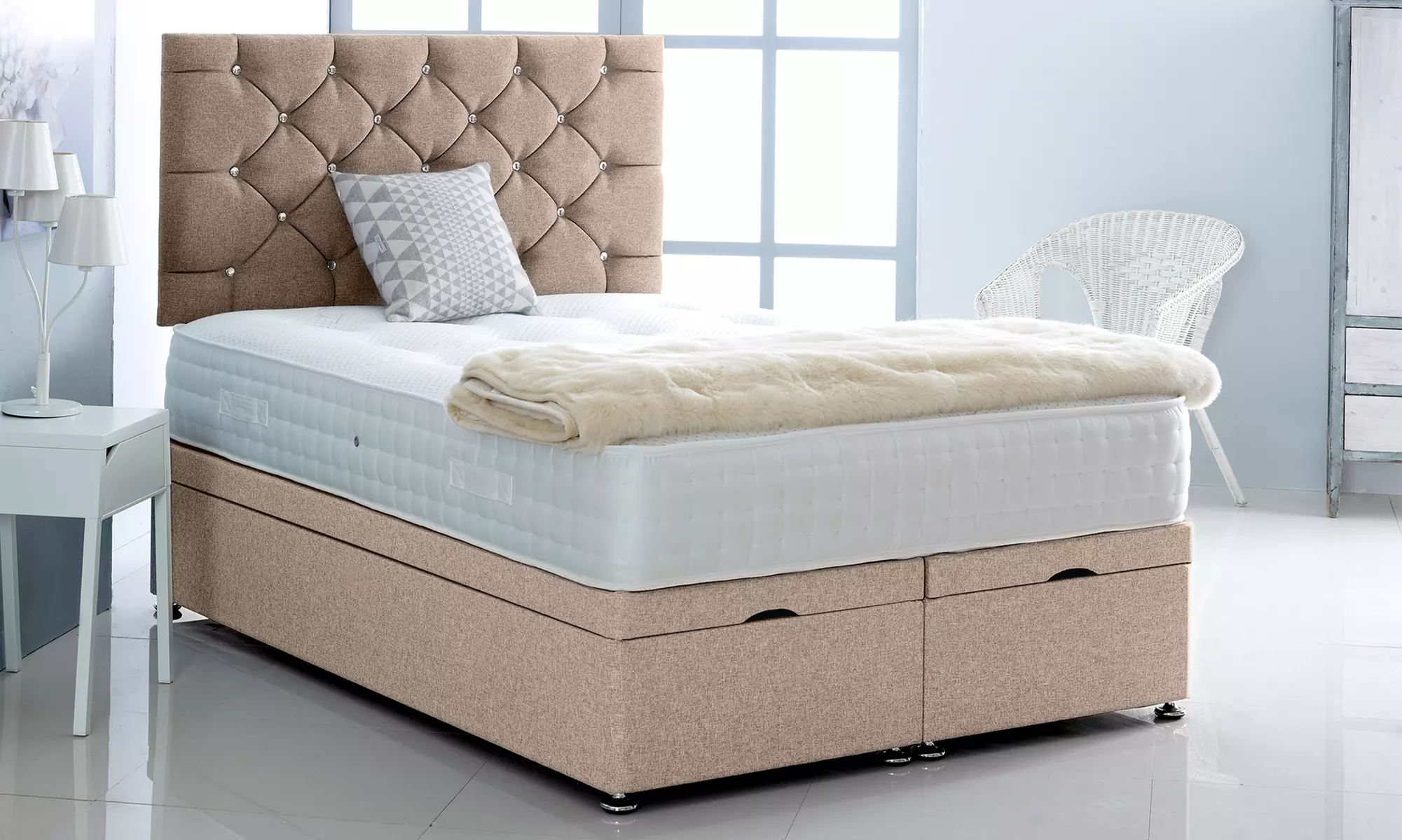 Linen Ottoman Divan Bed with Mattress and Chesterfield Headboard