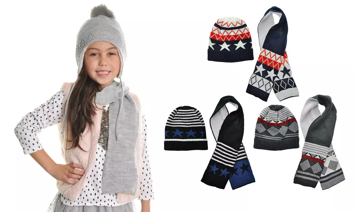 Kids Winter-Weight Knitted Beanie and Scarf Set (3-Pack) - Primary Image