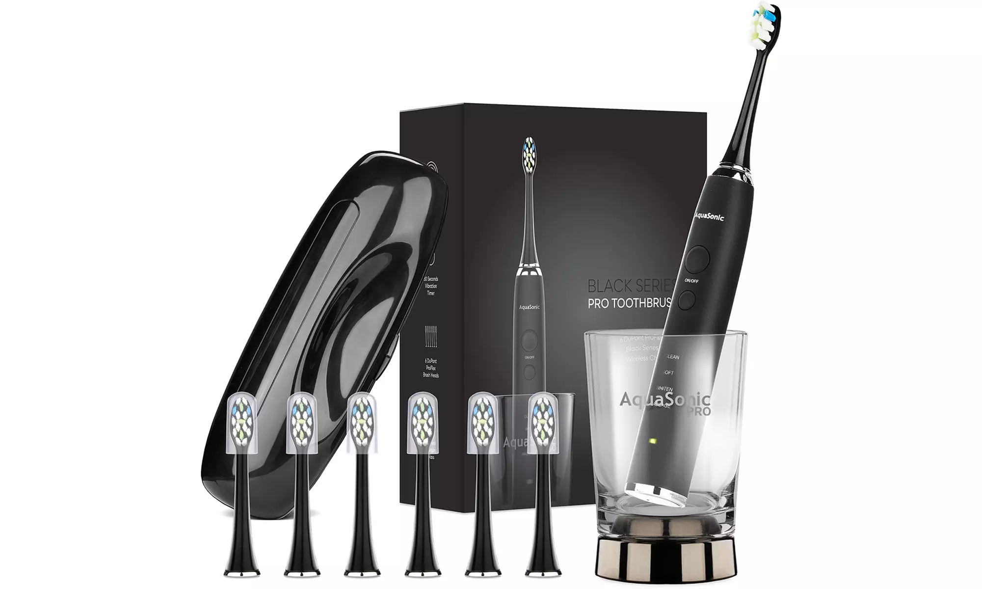 AquaSonic PRO UltraSonic Toothbrush with Wireless Charging Glass, 6 Brush Heads & Travel Case - Primary Image