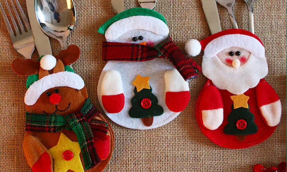 Lot de 1, 2, 3 ou 4 sets de 3 porte-couverts chacun, thème Bonhommes de Noël - Second Medium