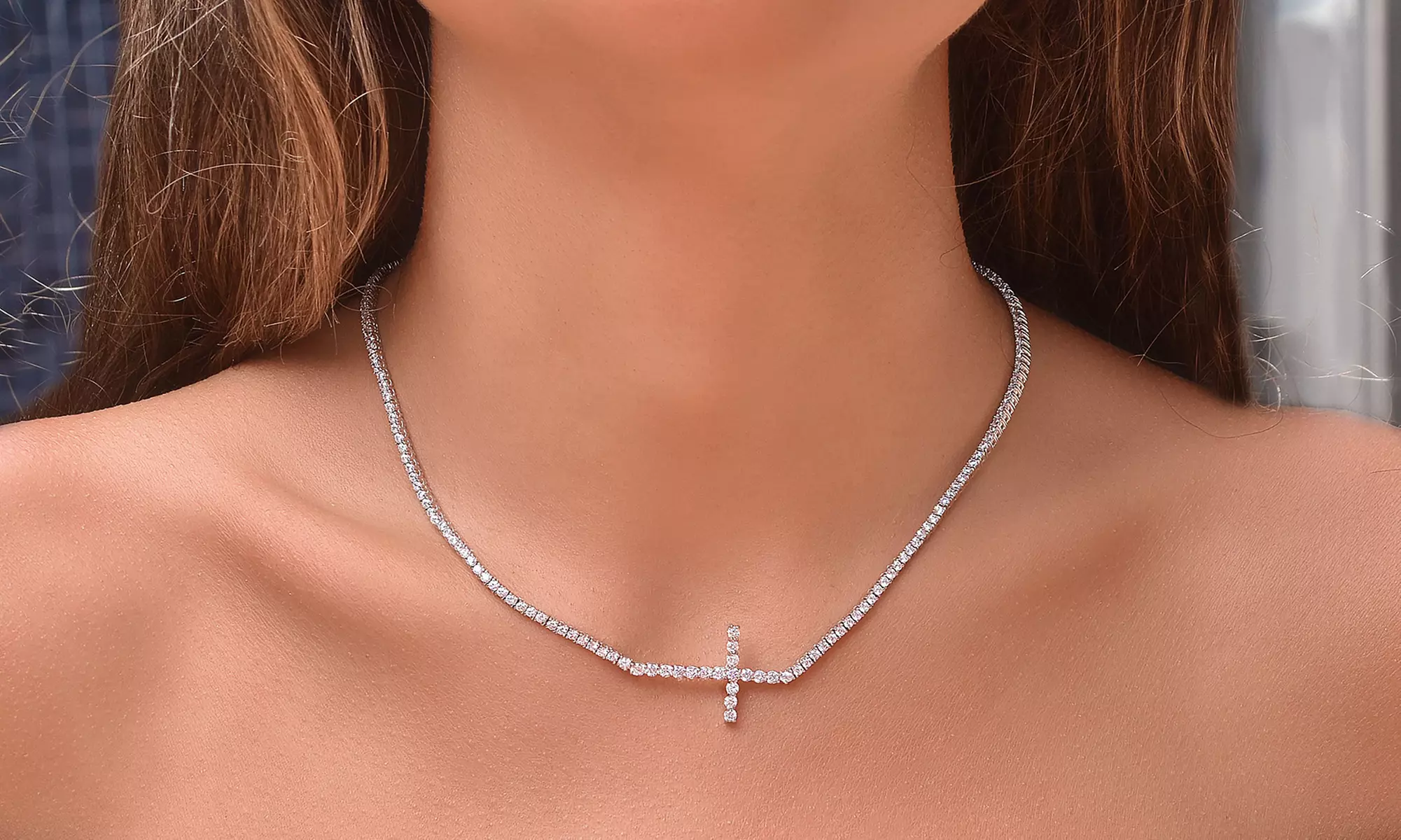 Cubic Zirconia Dainty Cross Tennis Necklace in Sterling Silver - Primary Image