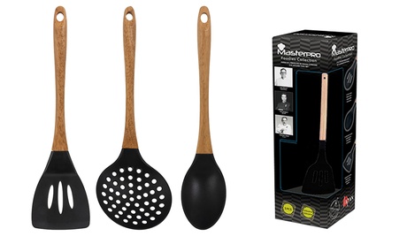 Set 3 utensili da cucina Bergner con manico in legno di acacia e teste in silicone
