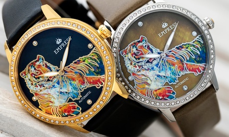 Orologio automatico Diana Empress, con cinturino in vera pelle e madreperla incisa, disponibile in 5 colori