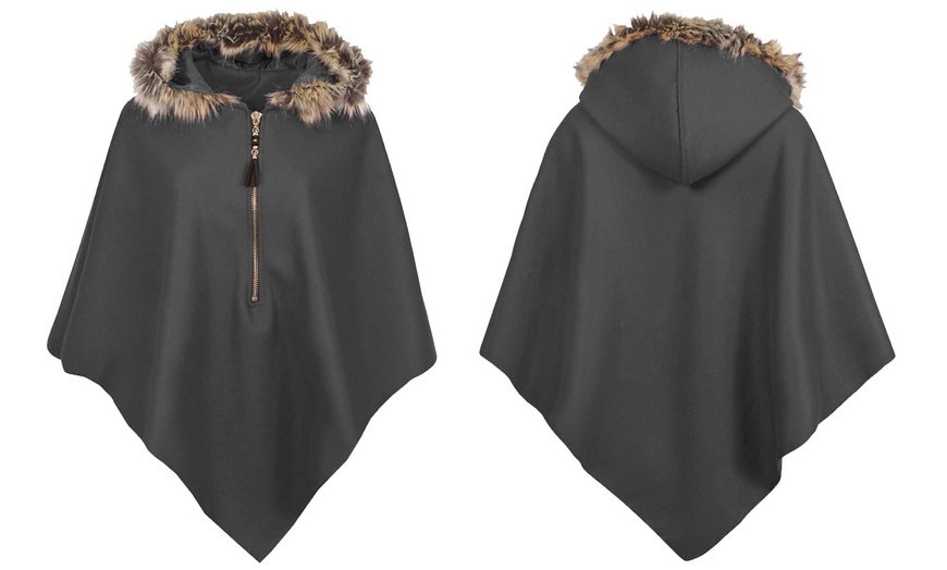 Image 11: Ladies Fur Trim Hooded Cape 