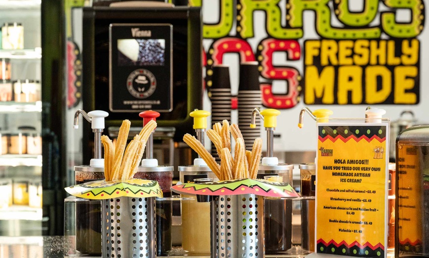 Image 1: Churro Hat, Choice of Dips, Hot Drinks, & Gelato for 1, 2, or 4 People