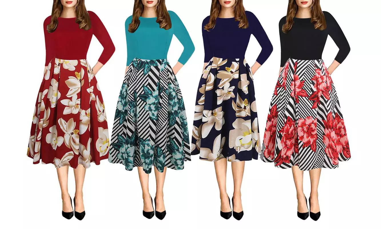 Haute Edition Women's Retro 3/4 Sleeve Easter Dress with Pockets. Plus Sizes Available. - Primary Image