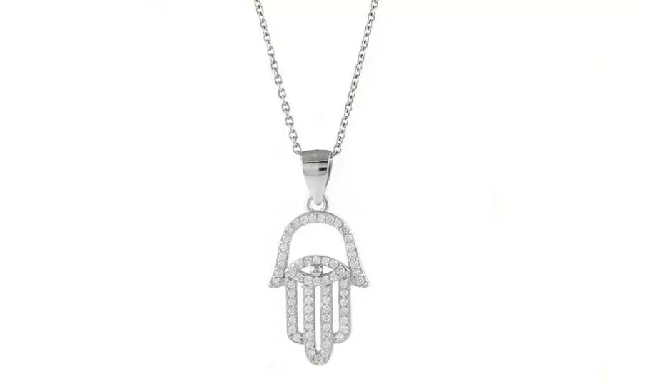 Italian Made 925 Sterling Silver Hamsa Hand Evil Eye Pendant Necklace 18 Inch