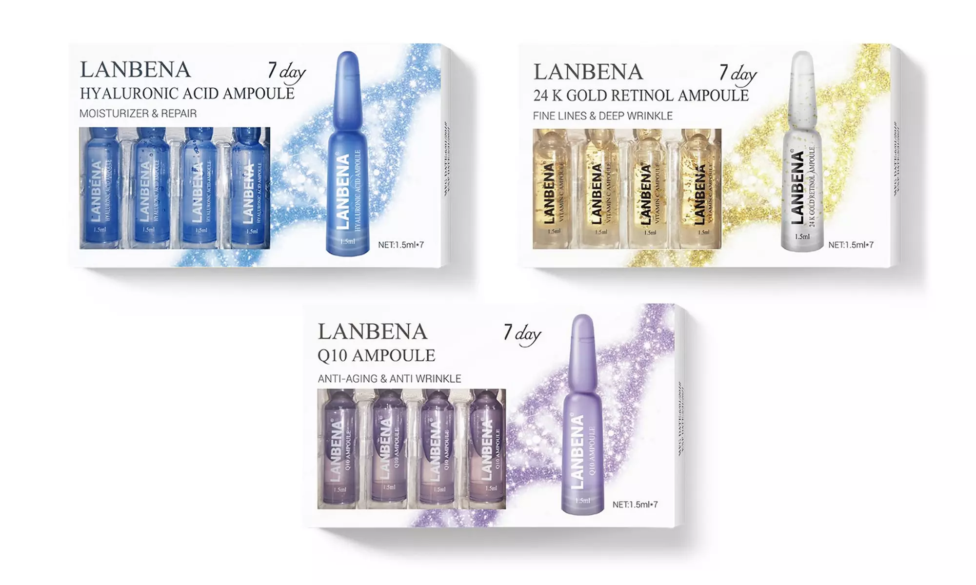 Pack ampoules visage Lanbena, 3 formules possibles "24 K Gold", "Q10" et "Acide Hyaluronique" - Primary Image