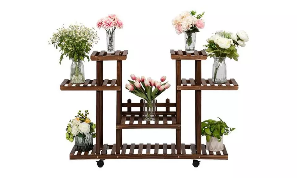 Artisasset 4-Layer 12-Seater Multifunctional Wheel Wooden Plant Stand - Primary Image