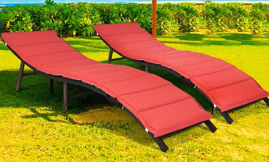 Image 3: Two-Piece Folding Rattan Sun Loungers Chaise Lounge Chairs