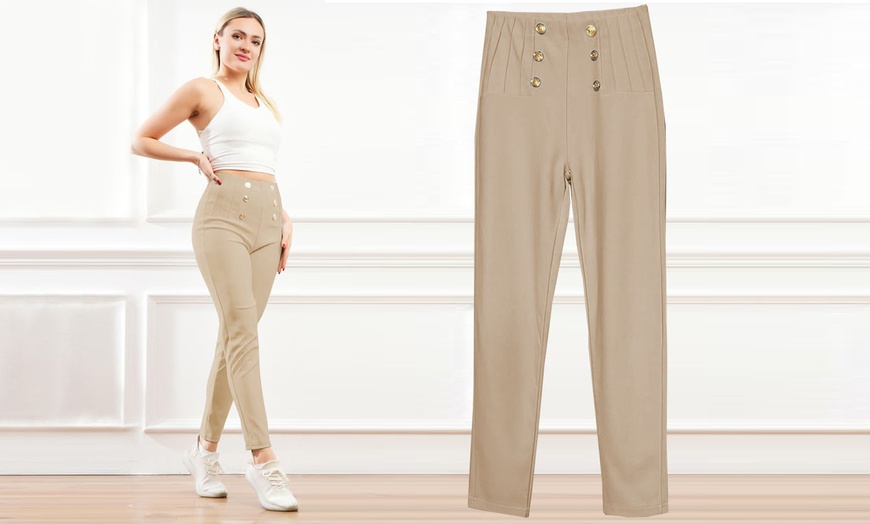 Image 4: Women's Gold Button Waist Detail Stretch Fit Smart Trousers