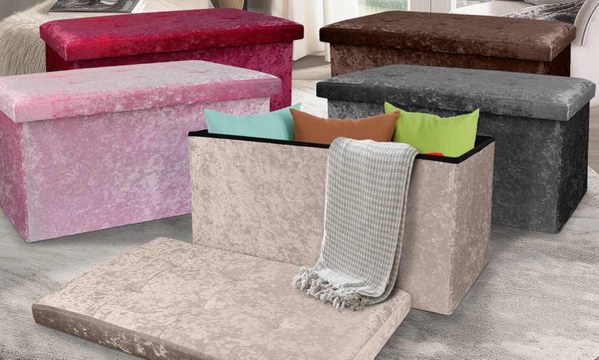 Image 1: Crushed Velvet Folding Storage Ottoman - Double Size