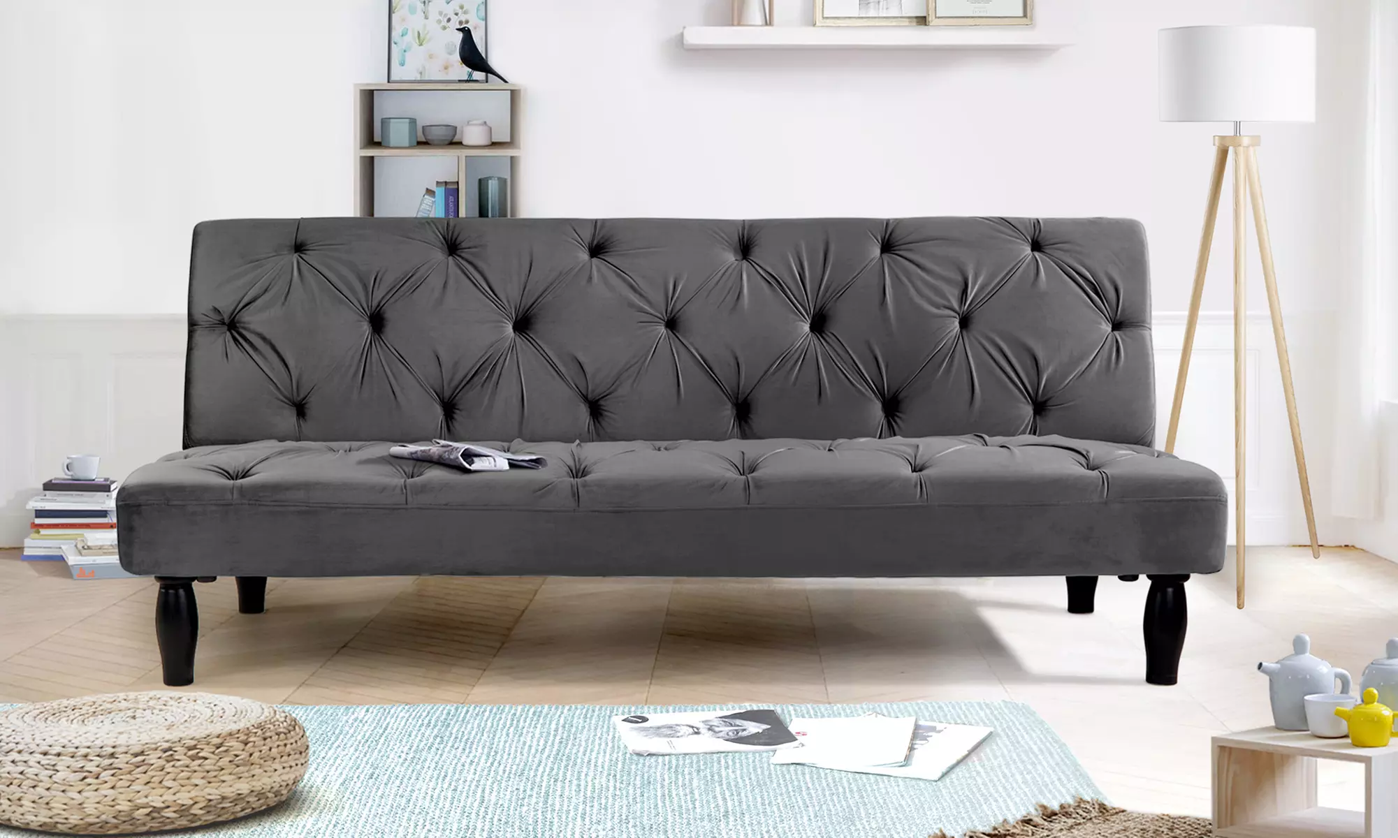 Canapé convertible 3 places capitonné en velours, livraison offerte - Primary Image