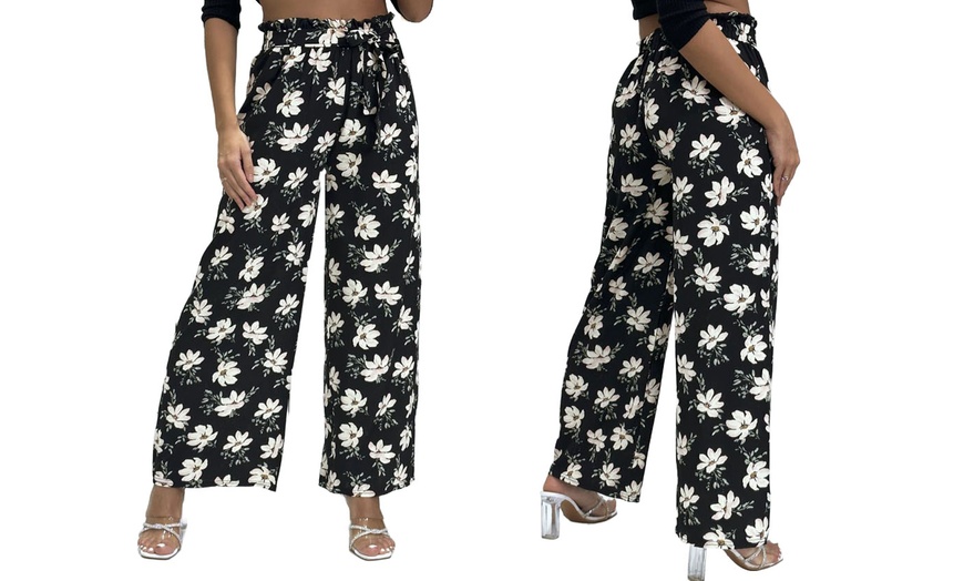 Image 9: Wide-Leg Tie-Waist Multicoloured Floral Palazzo Pants