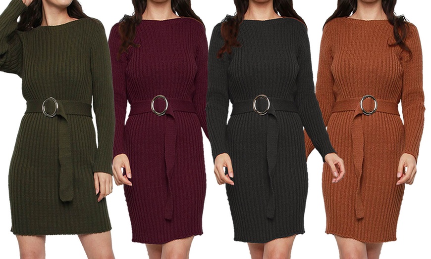 Image 1: Rib Knit Buckle Belt Jumper Dress