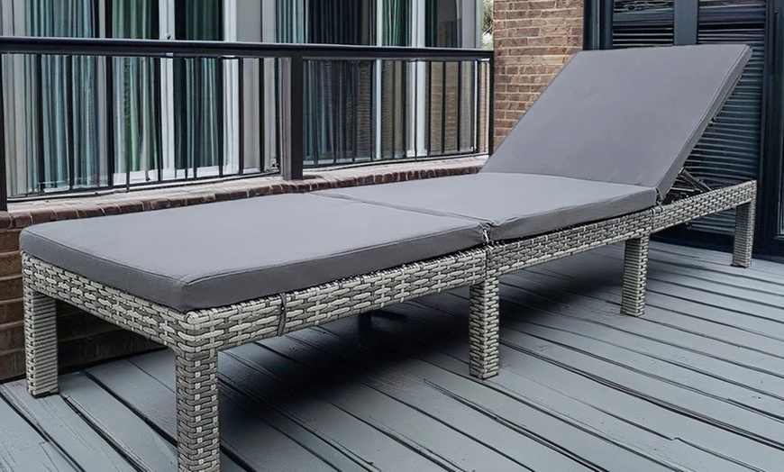 Image 5: Grey Rattan-Effect Adjustable Sun Lounger with Cushion