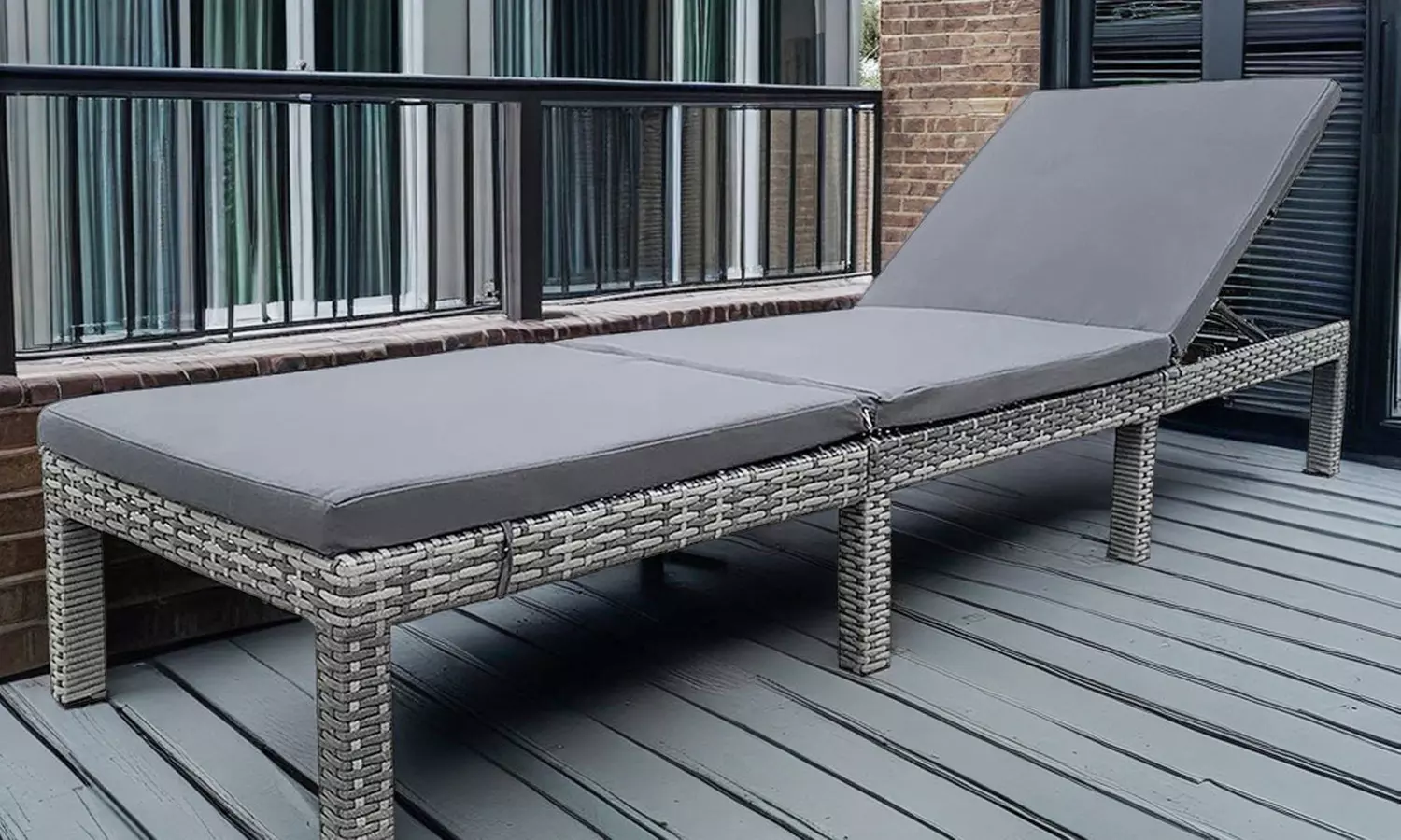 Grey Rattan-Effect Adjustable Sun Lounger with Cushion