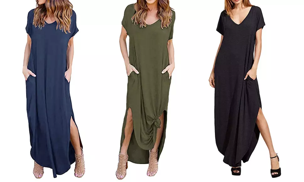 Robe longue décontractée fendue avec manches courtes, pour femme - Primary Image