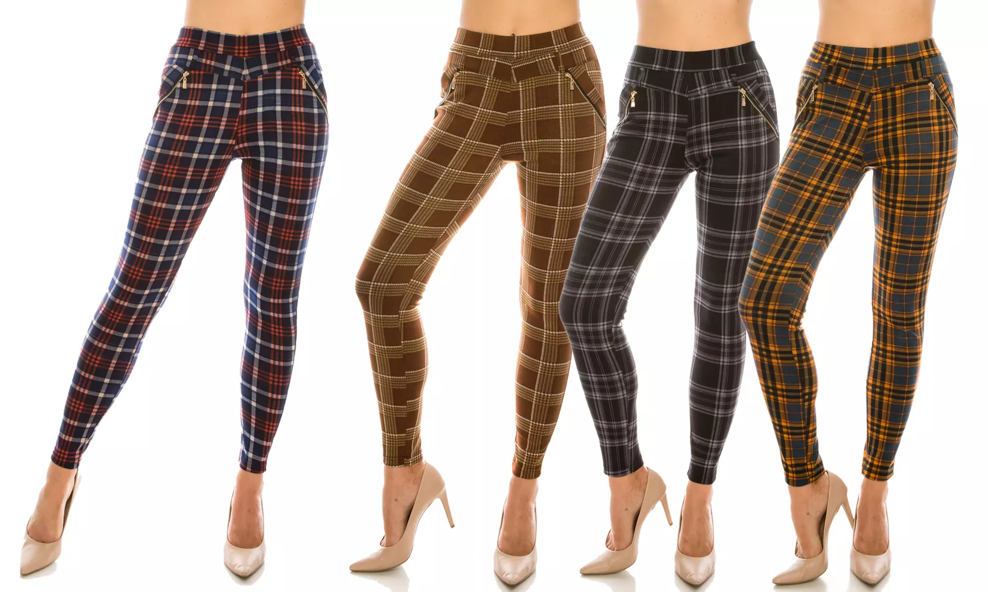 LA12ST Women's Stretchy Plaid Trouser Leggings with Pockets - Primary Image