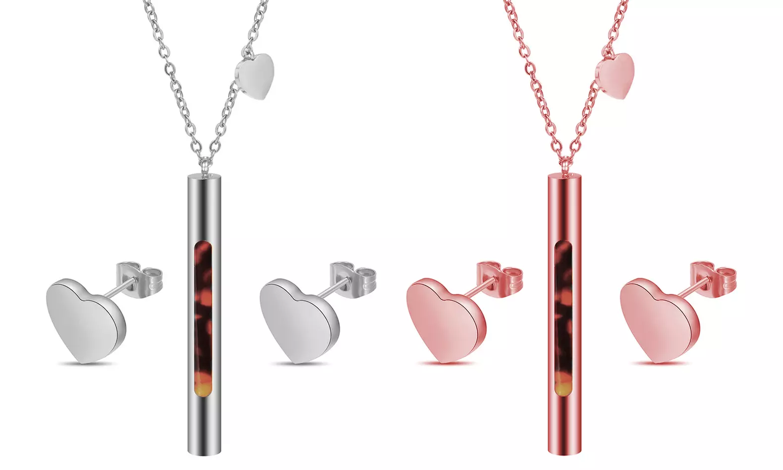 Parure "Your Heart" en acier inoxydable avec boucles d'oreilles en forme de cœur et collier à pendentif cylindrique - Primary Image