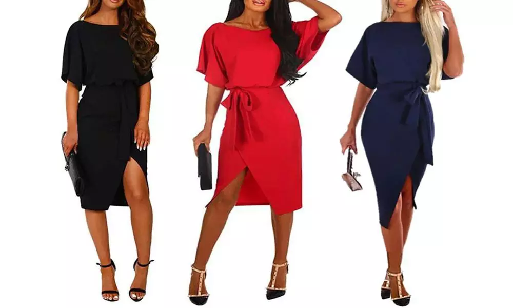 Robe midi manches courtes chauve-souris avec ceinture - Primary Image