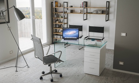 Scrivania in vetro B-Desk con cassettiera