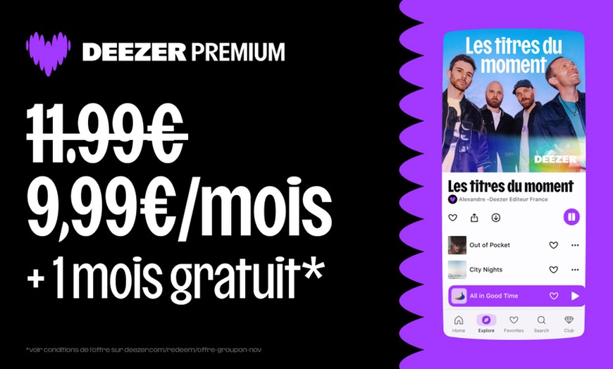 Image 1: Offre limitée : Deezer Premium, 1 mois offert de musique et sans pub.