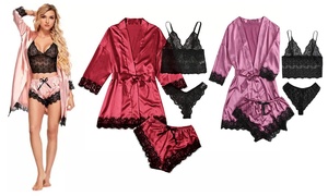 Women's Four-Piece Lace-Trimmed Satin Pajama Set 