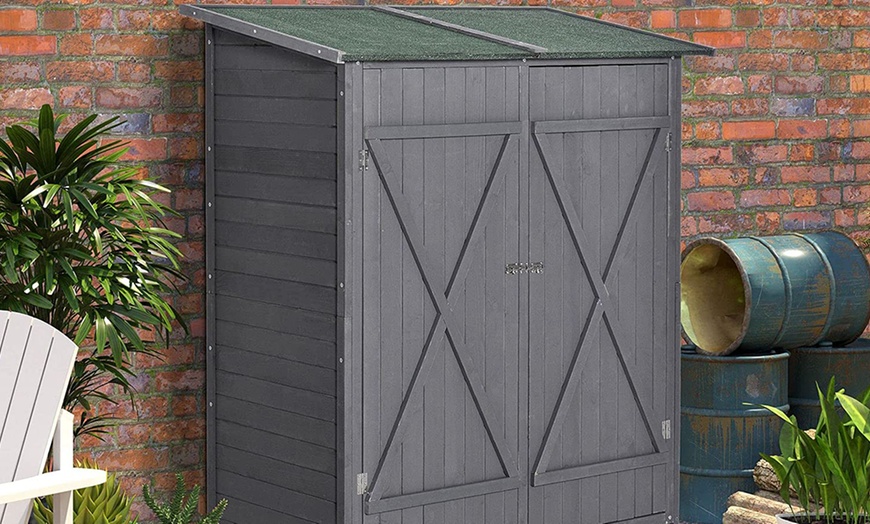 Image 3: Outsunny Garden Wood Storage Shed with Flexible Table