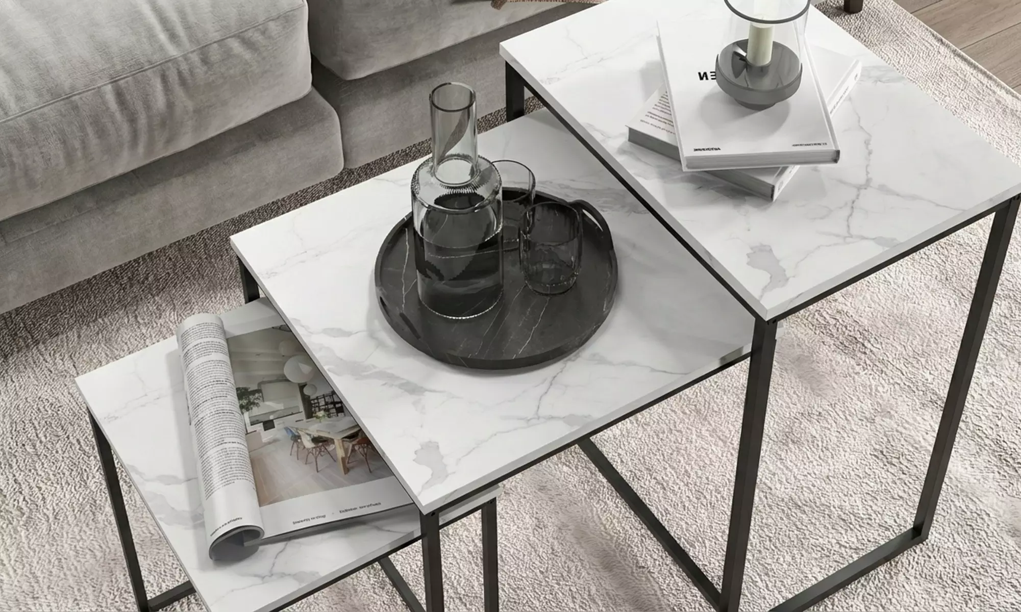 HOMCOM Nest of Three Faux Marble Side Tables Set