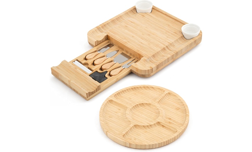 Image 3: Bamboo Cheese Board with a Stainless Steel Knife Set