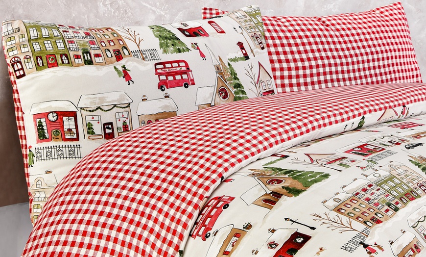 Image 2: Super Soft Reversible Christmas Town House Duvet Cover Set