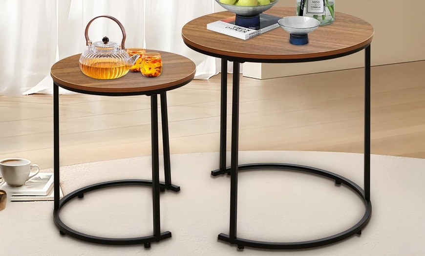 Image 3: Alivio Set of Two Round Metal Frame Coffee Tables with Wooden Top