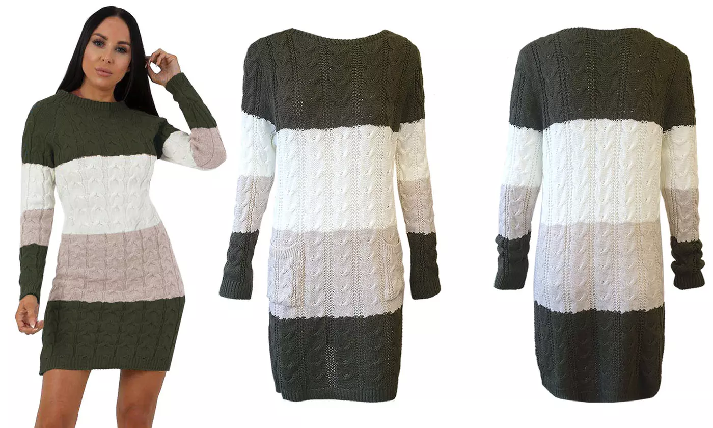 Block Striped Cable Knit Pocket Jumper Dress
