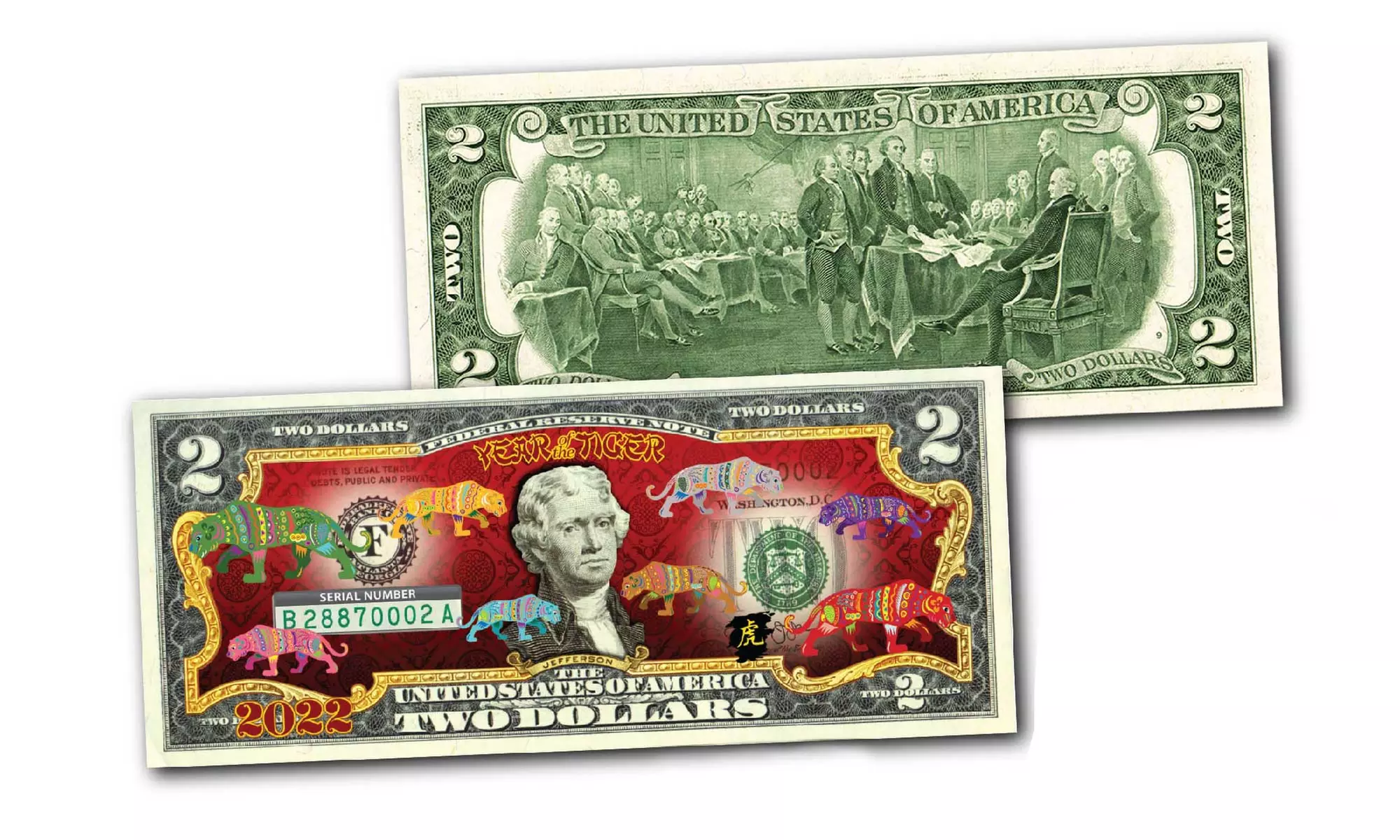 2022 Chinese New Year 8 Polychrome Tigers "88" 2 Dollar Bill w/Blue Folder - Primary Image