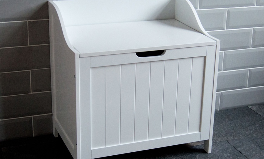 Image 1: White Wooden Laundry Hamper
