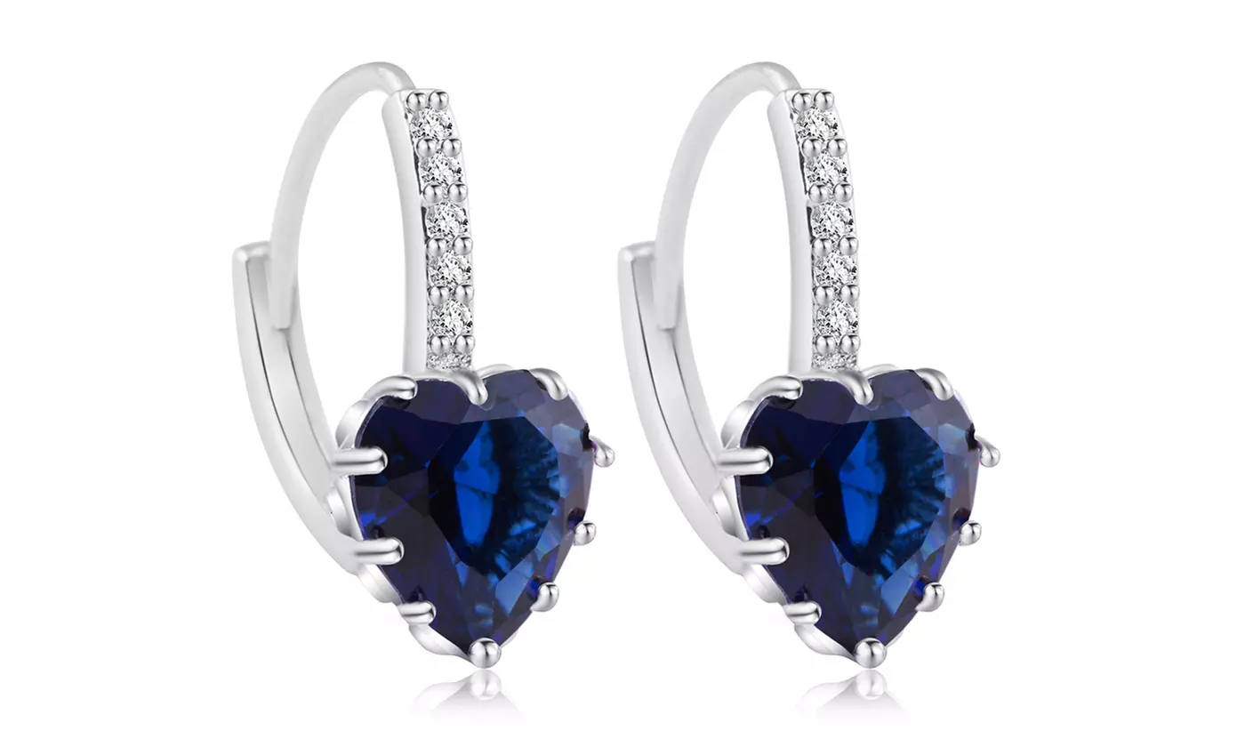 5.0 CTTW Lab Created Heart Cut Blue Sapphire Drop Earrings - Primary Image