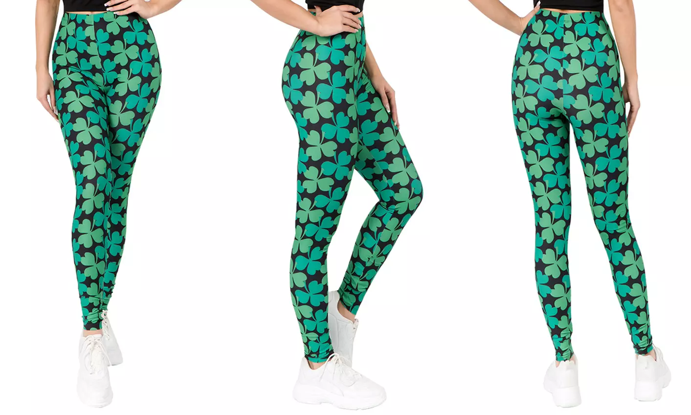 Style Clad Women's St Patrick's Day 4-Leaf Clover Leggings. Plus Size Available. - Second Medium