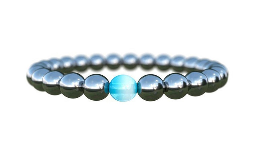 Image 2: One, Two or Three Hematite Bracelets with Blue Opal Bead