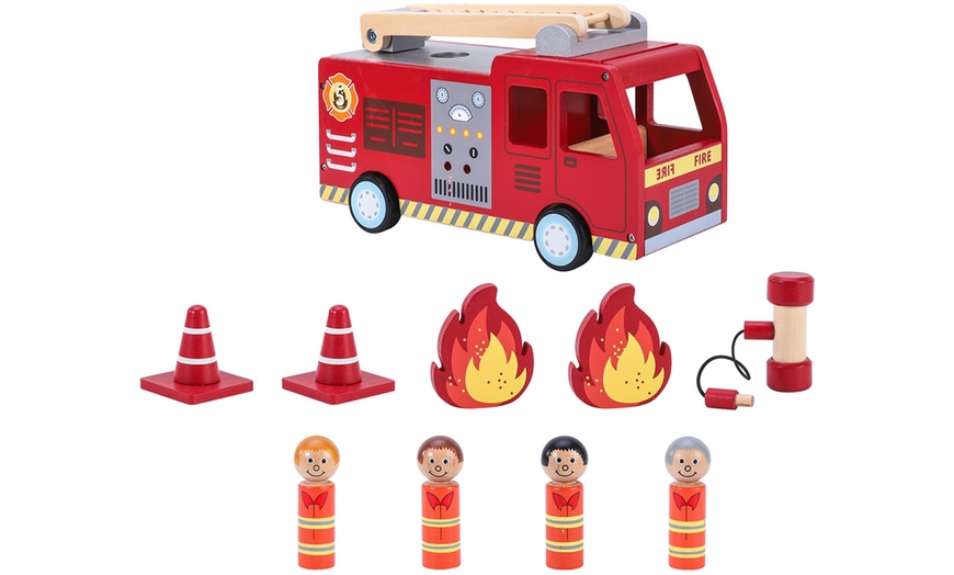 Image 2: SOKA Wooden Fire Engine Truck with Firefighter Figurines