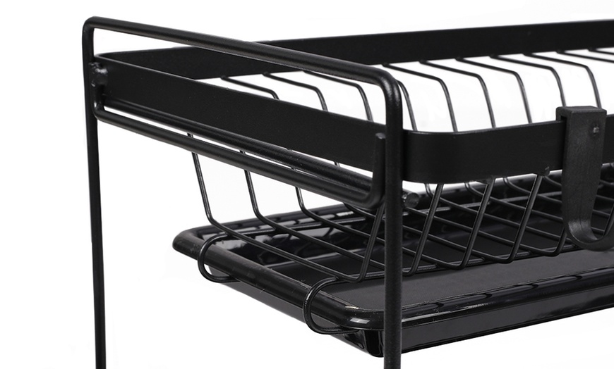 Image 3: Black 2-Tier Dish Drying Rack with Drain Trays and Utensil Holder