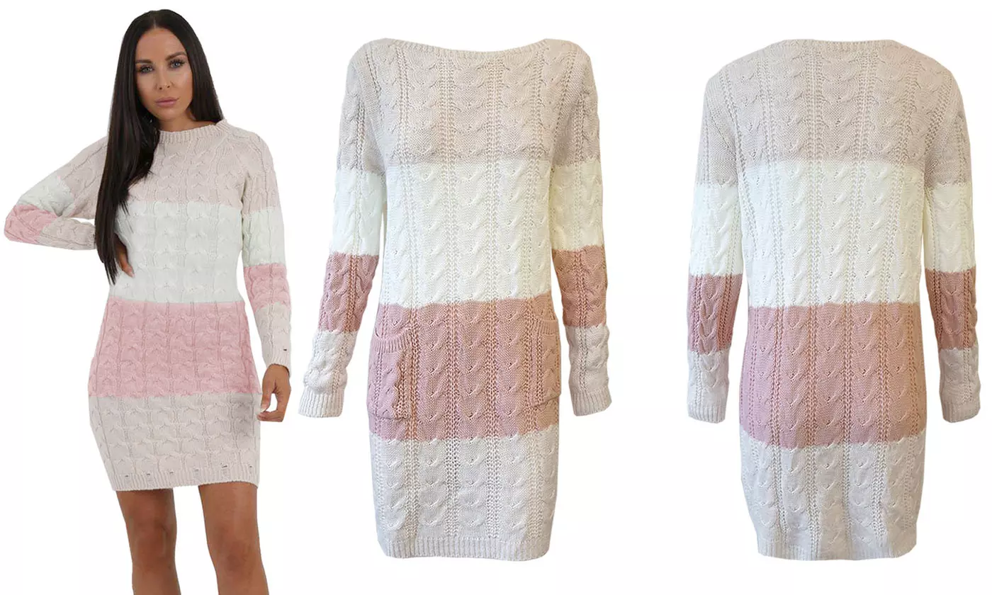 Block Striped Cable Knit Pocket Jumper Dress