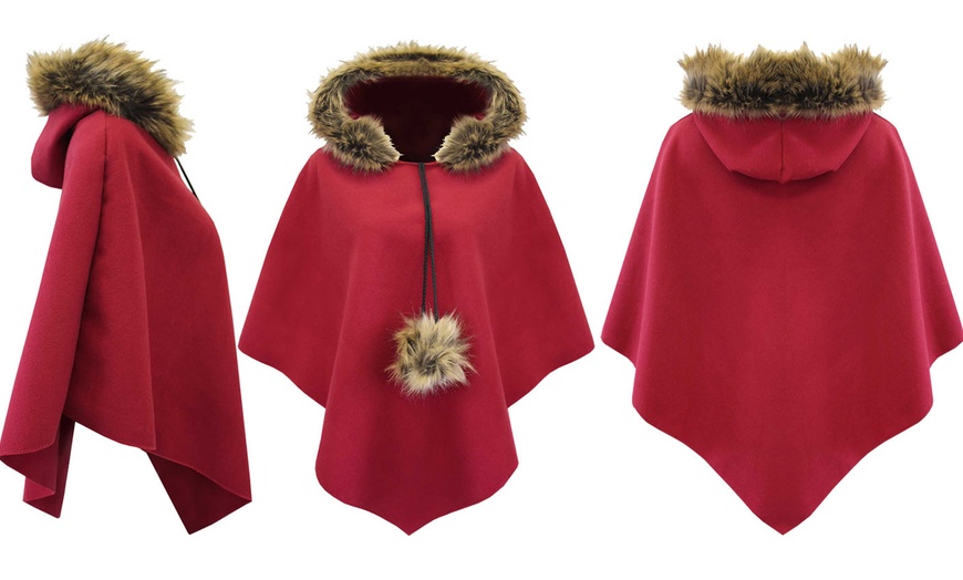 Image 9: Ladies Fur Trim Hooded Cape 