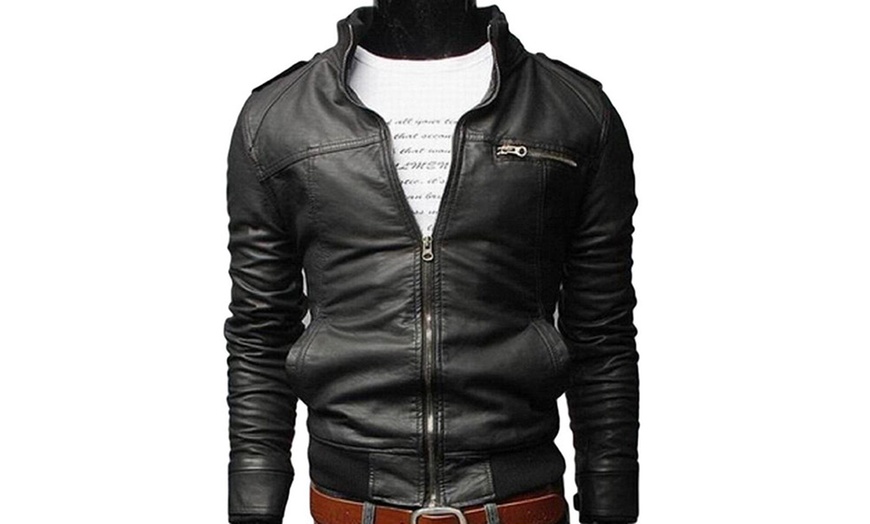 Image 3: Men's Faux-Leather Biker Jacket