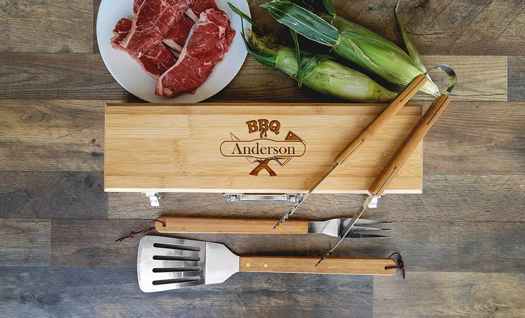 One, Two, or Three Personalized BBQ Grilling Sets with Bamboo Case from Qualtry (Up to 55% Off) - Primary Image