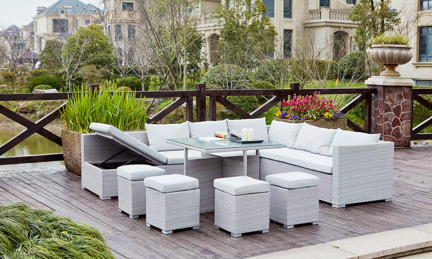 Salons de jardin Gwandi encastrables en résine tressée Côté Lounge ​avec poufs, coloris au choix et livraison gratuit - Primary Image